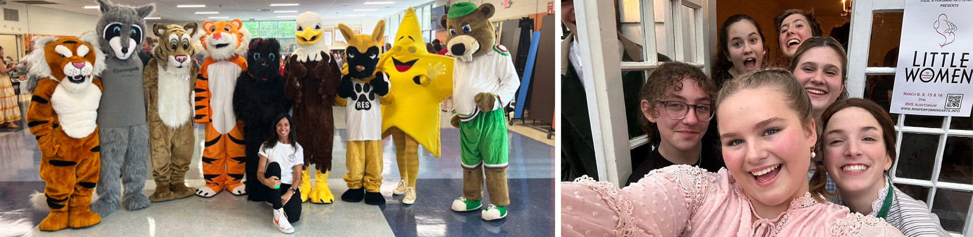 Staff dressed up as mascots next to student with adult