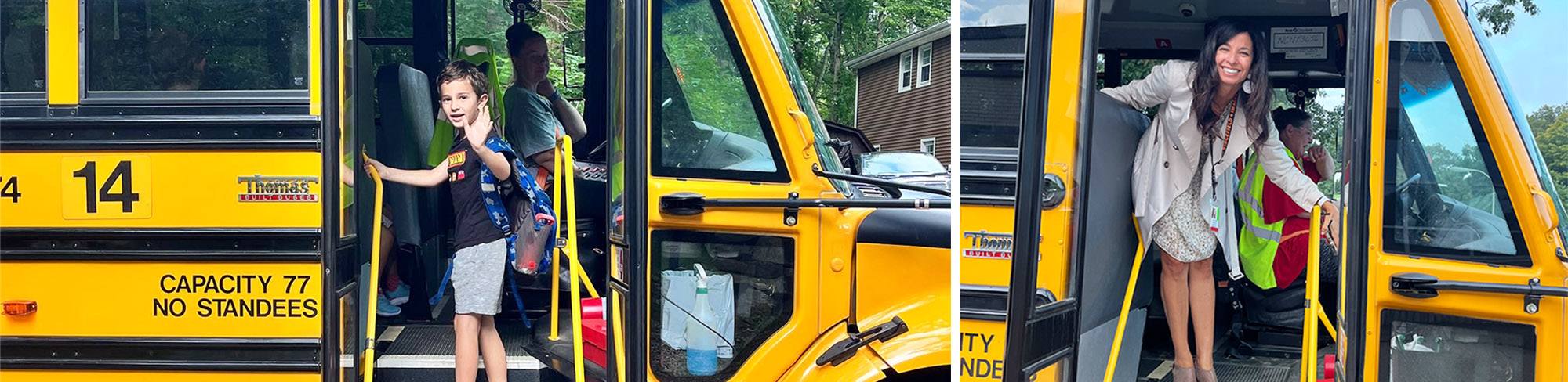 Superintendent and student on school buses