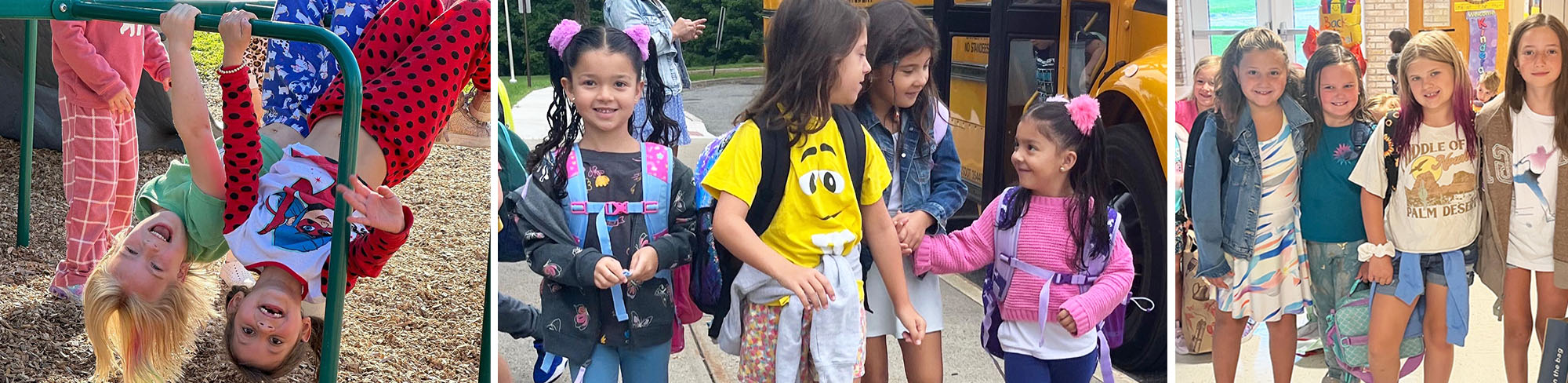 Two happy girls on the playground and groups of happy students heading to school and in the hallway