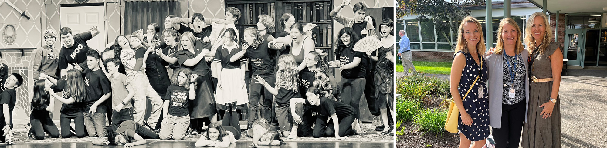 Student in paper hat, group of teachers and students outside, and three staff members smiling for the camera